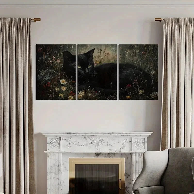 3pcs Elegant Black Cat Floral Garden Metal Print Ready to Hang Art - Bella Home Decor
