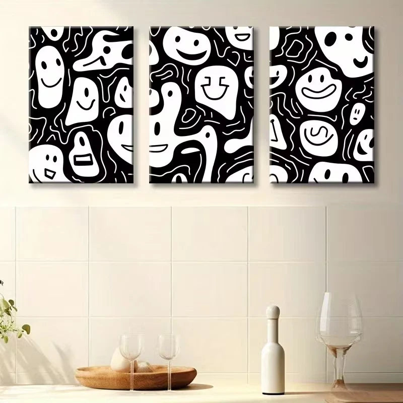 3pcs Joyful Face Illustration Wall Art Set Canvas Framed 50x70cm - High Quality Print 100% Australian Made Wall Canvas Ready to Hang
