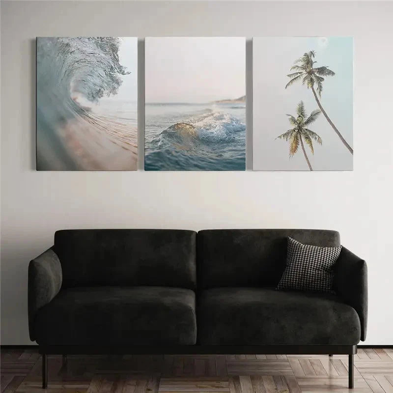3pcs Modern Pastel Beach Surf & Palm Tree Metal Print Ready to Hang Art - Bella Home Decor