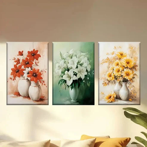 3pcs Red, Green and Yellow Flowers Vase Wall Art Canvas Unframed - High Quality Print 100% Australian Made Wall Canvas