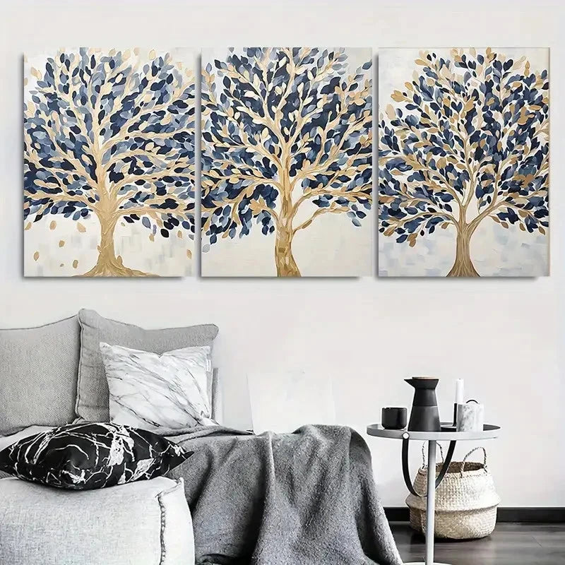 3pcs Abstract Blue Golden Tree Metal Print Ready to Hang Art - Bella Home Decor