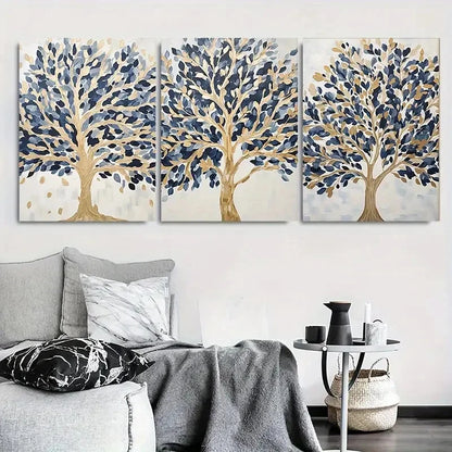 3pcs Abstract Blue Golden Tree Metal Print Ready to Hang Art - Bella Home Decor