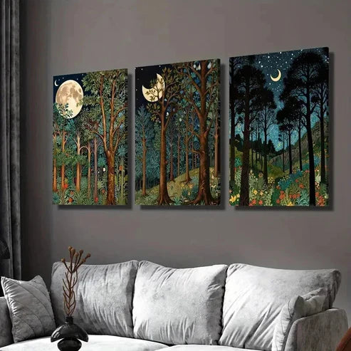 3pcs Classic Moonlit Forest Landscape Wall Art Set Canvas Unframed - High Quality Print 100% Australian Made Wall Canvas - Bella Home Decor