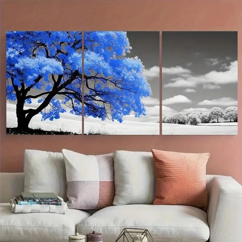 3pcs Blue Blossom Tree Nature Illustration Metal Print Ready to Hang Art - Bella Home Decor