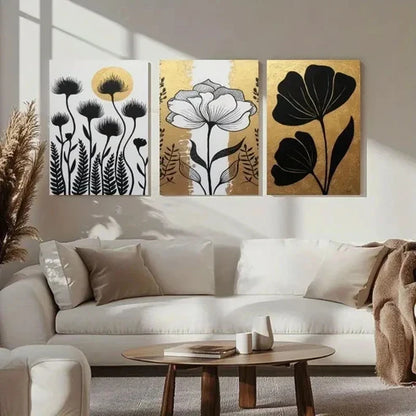 3pcs Black, Golden & White Dandelion Wall Art Set Canvas Unframed - High Quality Print 100% Australian Made Wall Canvas - Bella Home Decor