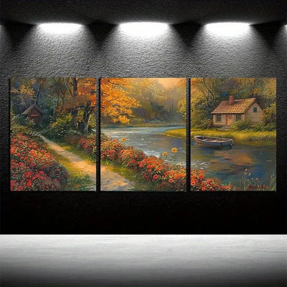 3pcs Vibrant Farmhouse Serene River Scenery Metal Print Ready to Hang Art