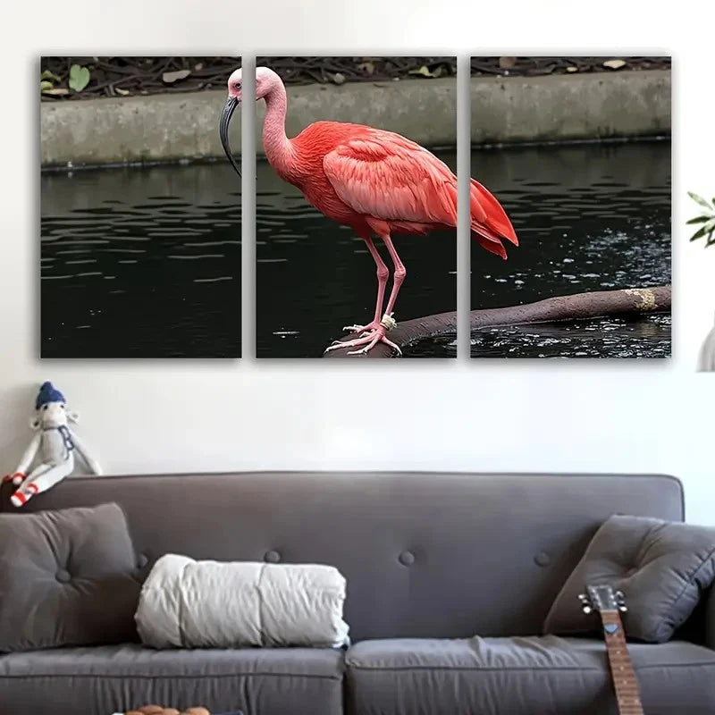 3pcs Red Bird Standing on Log Scene Wall Art Set Canvas Framed 60x90cm - High Quality Print 100% Australian Made Wall Canvas Ready to Hang