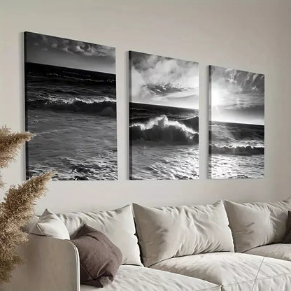 3pcs Dark Ocean Wave on Beach Canvas Framed 40x60cm - High Quality Print 100% Australian Made Wall Canvas Ready to Hang