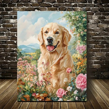 Golden Retriever Dog with Flowers and Plants Painting 40x60cm Metal Print Ready to Hang - Bella Home Decor