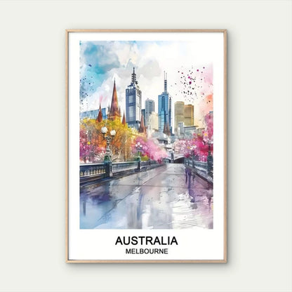 Melbourne Australia Cityscape Watercolor Style Travel Poster Print Wall Art