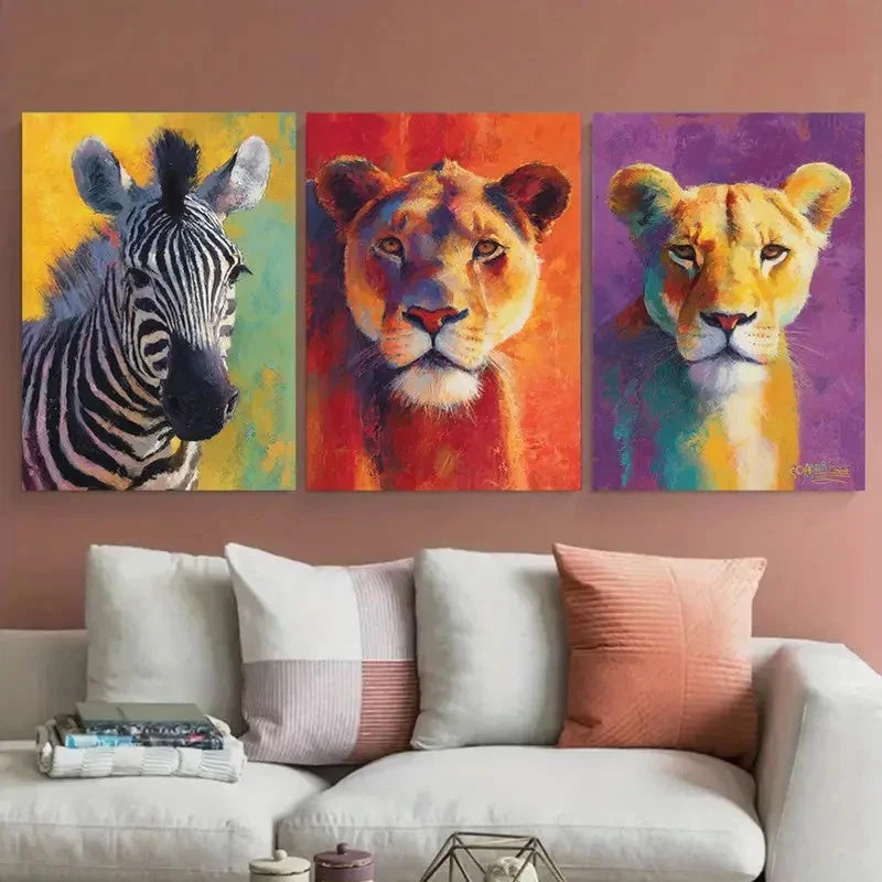 3pcs Lion and Zebra Vibrant Illustrationn Wall Art Set Canvas Framed 40x60cm - High Quality Print 100% Australian Made Wall Canvas Ready to Hang