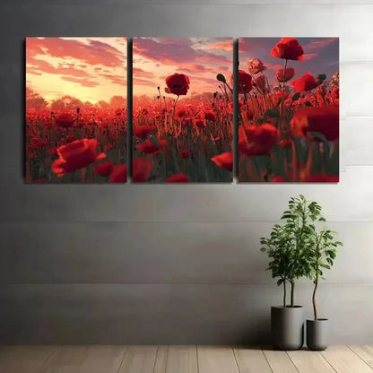3pcs Art Painting Red Poppy Field at Sunset Metal Print Ready to Hang Art - Bella Home Decor