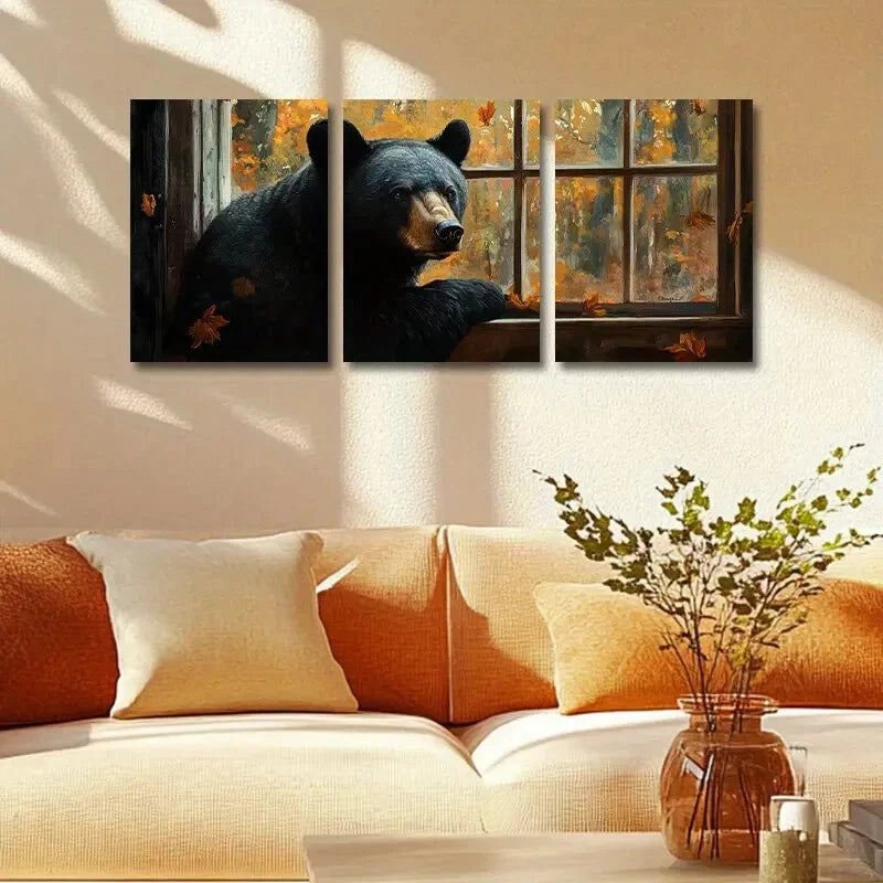 3pcs Autumn Bear by Window Scene Metal Print Ready to Hang Art