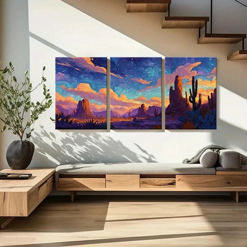 3pcs Desert Landscape Starry Sky Cactus Metal Print Ready to Hang Art - Bella Home Decor