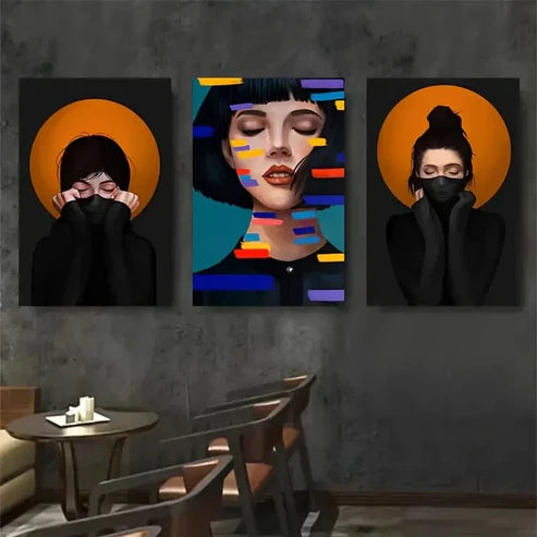 3pcs Vibrant Geometric Female Portraits Wall Art Set Canvas Unframed - High Quality Print 100% Australian Made Wall Canvas