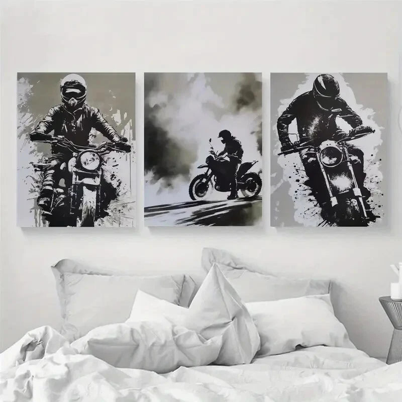 3pcs Black and White Motocross Racing Metal Print Ready to Hang Art