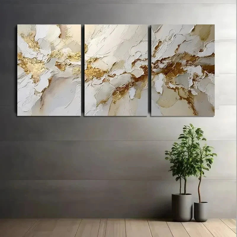 3pcs White & Golden Textured Flowing Abstract Metal Print Ready to Hang Art - Bella Home Decor