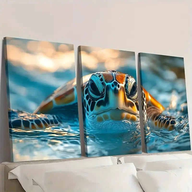 3pcs Sea Turtle Vibrant Blue Ocean ART  Wall Art Set Canvas Framed 50x70cm - High Quality Print 100% Australian Made Wall Canvas Ready to Hang