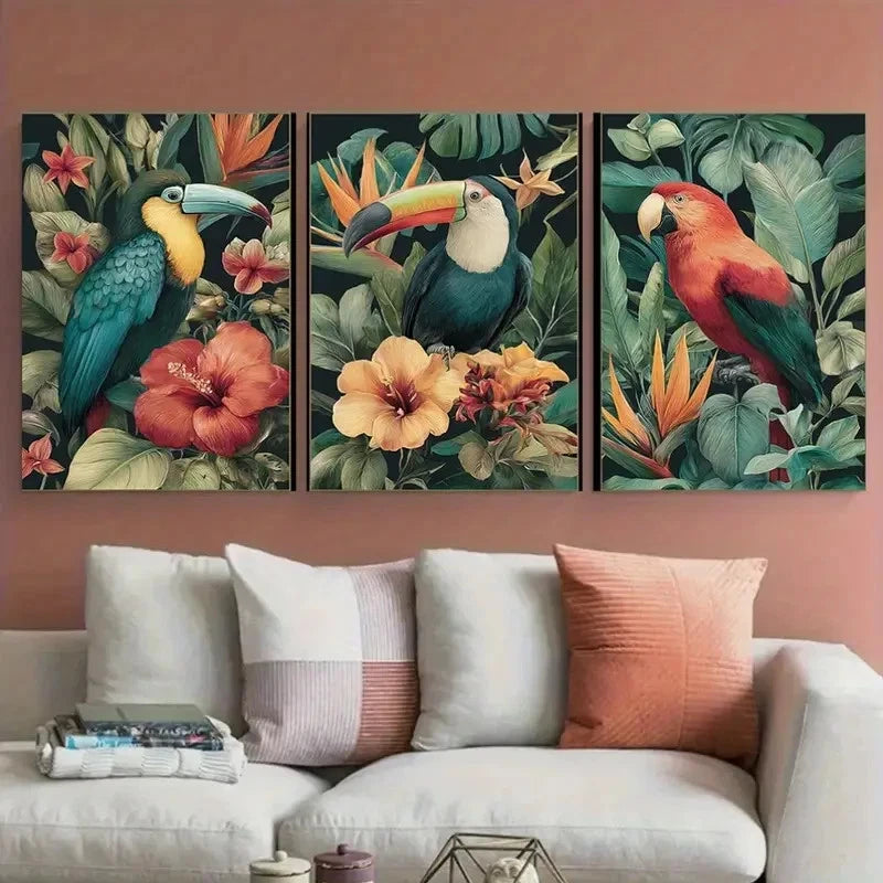 3pcs Tropical Birds in Floral Nature Scenery Wall Art Set Canvas Framed 50x70cm - High Quality Print 100% Australian Made Wall Canvas Ready to Hang