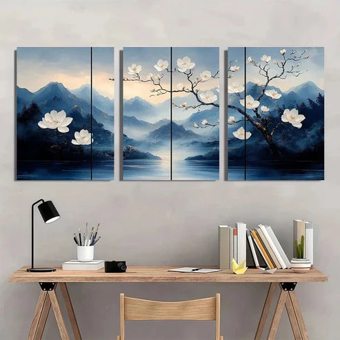 3pcs Blue and White Tree Flower Wall Art Canvas Unframed - High Quality Print 100% Australian Made Wall Canvas - Bella Home Decor