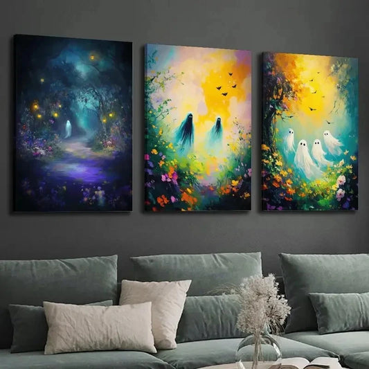 3pcs Dark Vintage Halloween Deco Wall Art Set Canvas Framed 50x70cm - High Quality Print 100% Australian Made Wall Canvas Ready to Hang