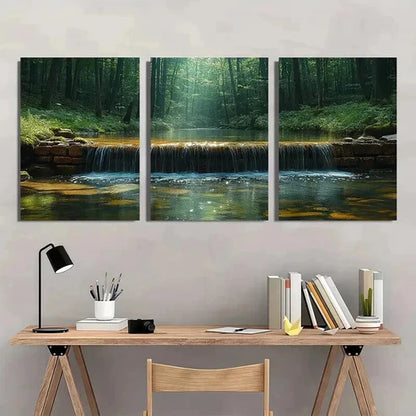 3pcs Water Stream In Green Natural Forest Wall Art Set Canvas Unframed - High Quality Print 100% Australian Made Wall Canvas
