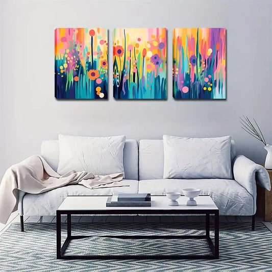 3pcs Vibrant Floral With Pink, Yellow, Blue Wall Art Set Canvas Framed 40x60cm - High Quality Print 100% Australian Made Wall Canvas Ready to Hang