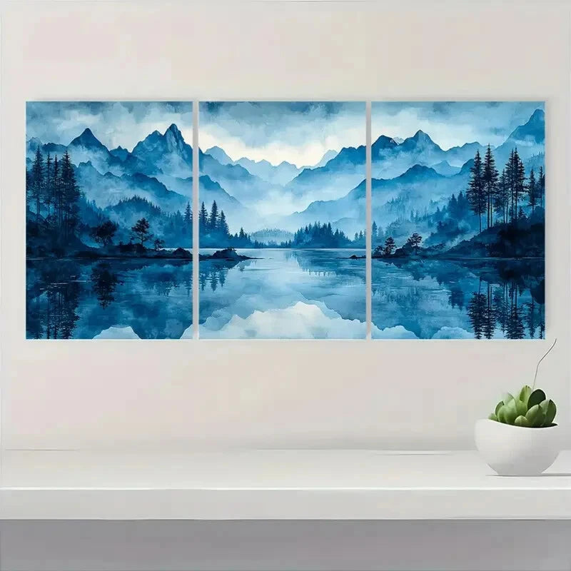 3pcs Abstract Blue & White Mountain Forest Metal Print Ready to Hang Art - Bella Home Decor