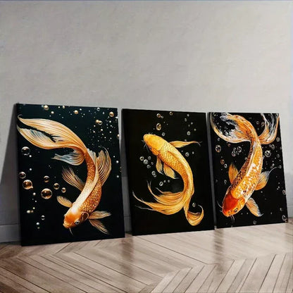 3pcs Yellow Koi Fish Black Background Wall Art Set Canvas Unframed - High Quality Print 100% Australian Made Wall Canvas