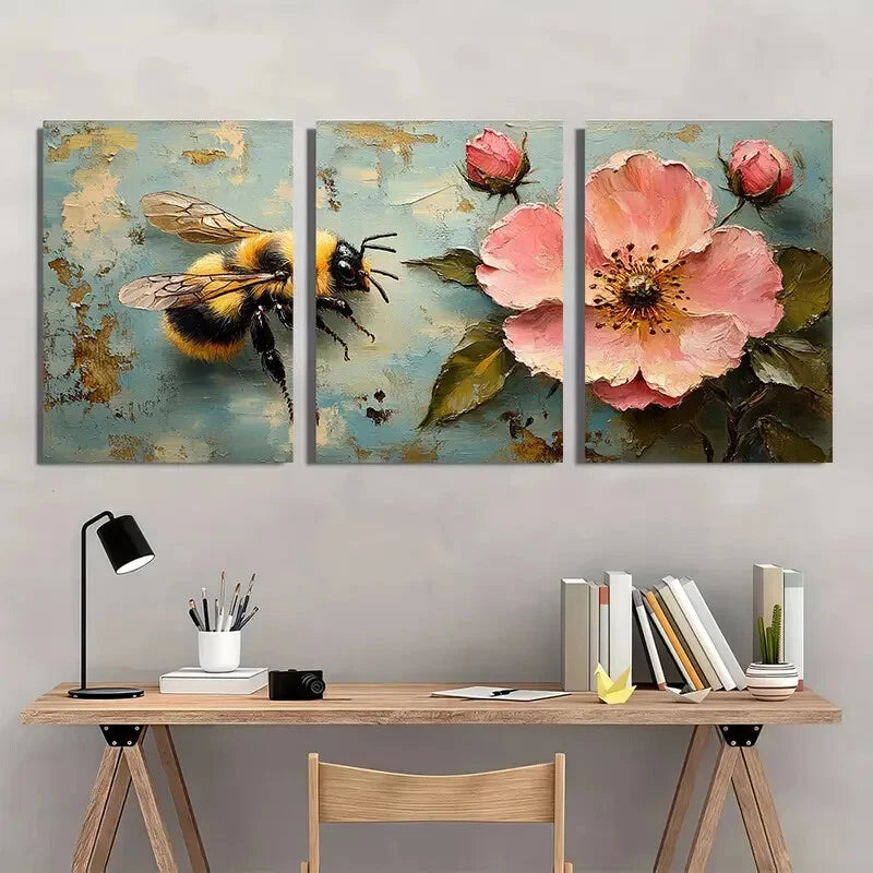 3pcs Vibrant Bee and Pink Rose Floral Art Set Metal Print Ready to Hang Art - Bella Home Decor