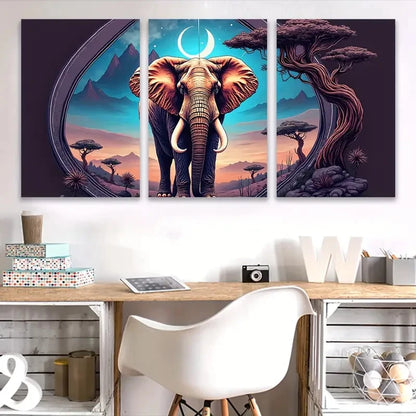 3pcs Majestic Elephant Under The Cosmic Moon Wall Art Set Canvas Framed 60x90cm - High Quality Print 100% Australian Made Wall Canvas Ready to Hang - Bella Home Decor