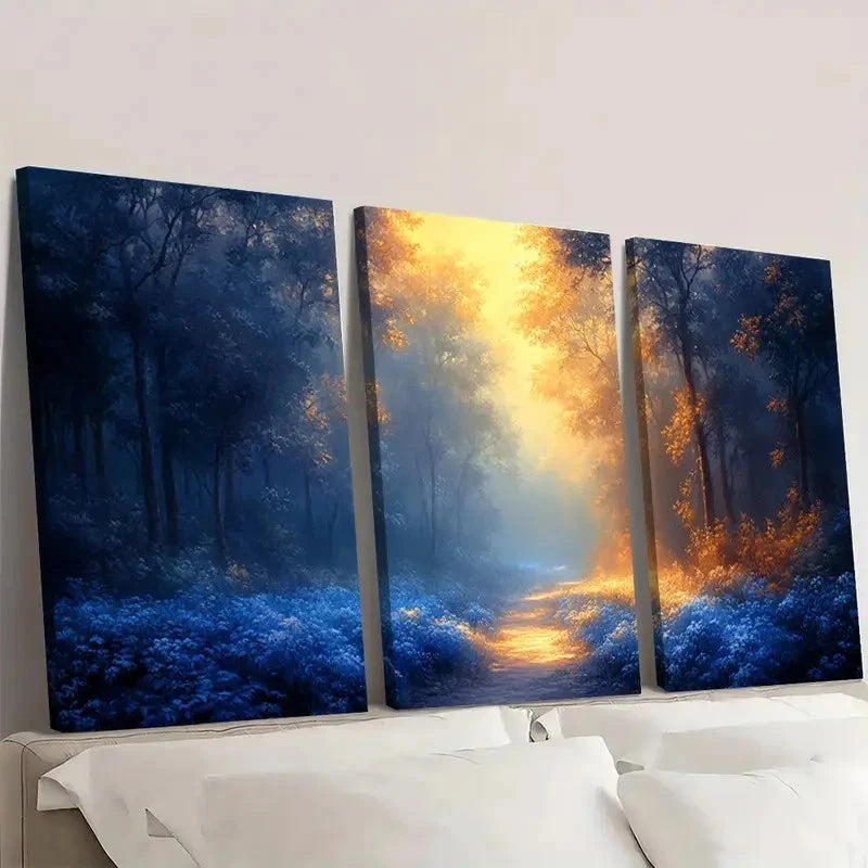 3pcs Blue Magical Forest Scene with Golden UI     Wall Art Set Canvas Framed 40x60cm - High Quality Print 100% Australian Made Wall Canvas Ready to Hang - Bella Home Decor
