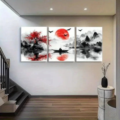 3pcs Red Sun Over River & Mountains Wall Art Canvas Unframed - High Quality Print 100% Australian Made Wall Canvas