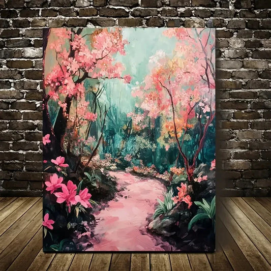 Lush Peach Forest Painting with Vibrant Pink Blossoms 40x60cm Metal Print Ready to Hang