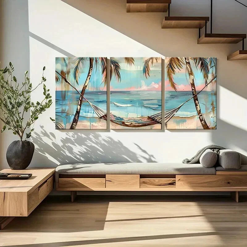 3pcs Palm Trees Hammock Ocean View Sunset Metal Print Ready to Hang Art - Bella Home Decor