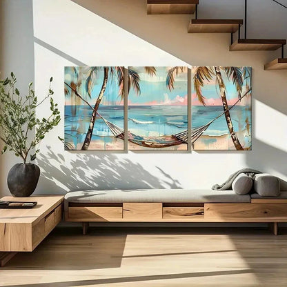 3pcs Palm Trees Hammock Ocean View Sunset Metal Print Ready to Hang Art - Bella Home Decor