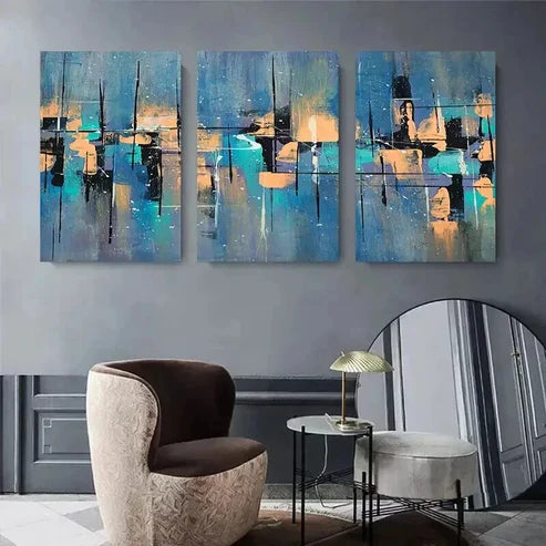 3pcs Blue Orange & Black Brushstroke Wall Art Canvas Unframed - High Quality Print 100% Australian Made Wall Canvas - Bella Home Decor