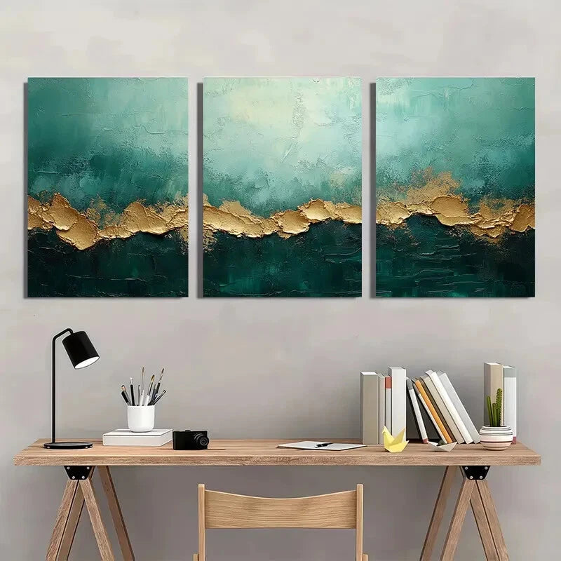 3pcs Green Minimalist Abstract Painting Metal Print Ready to Hang Art