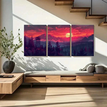 3pcs Sunset Red Sky Forest & Mountains Wall Art Set Canvas Framed 40x60cm - High Quality Print 100% Australian Made Wall Canvas Ready to Hang