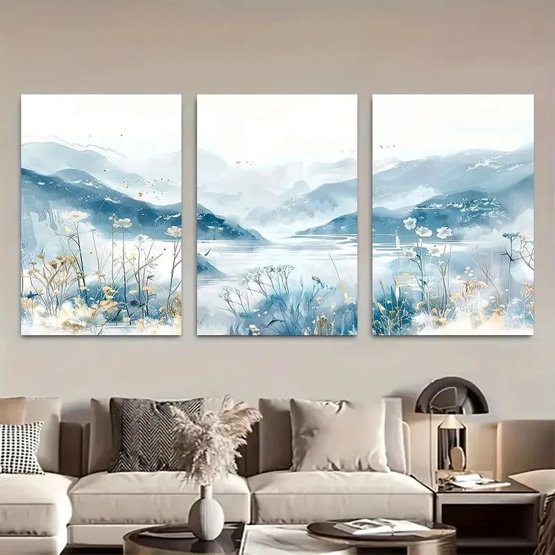 3pcs Blue Mountains Delicate Watercolor Landscape Metal Print Ready to Hang Art - Bella Home Decor