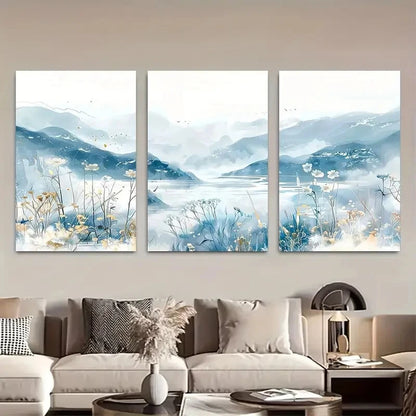 3pcs Blue Mountains Delicate Watercolor Landscape Metal Print Ready to Hang Art - Bella Home Decor