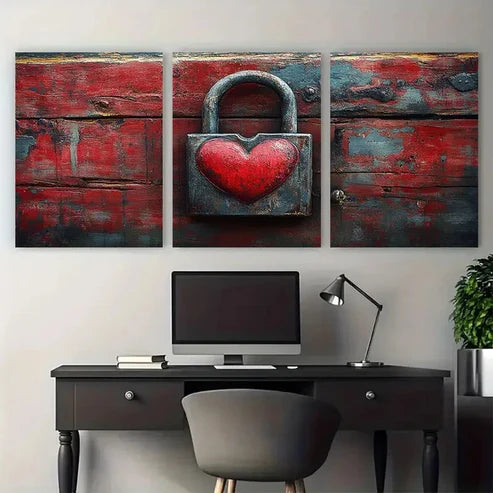 3pcs Romantic Love Heart Lock Illustration Wall Art Canvas Unframed – High Quality Print 100% Australian Made Wall Canvas