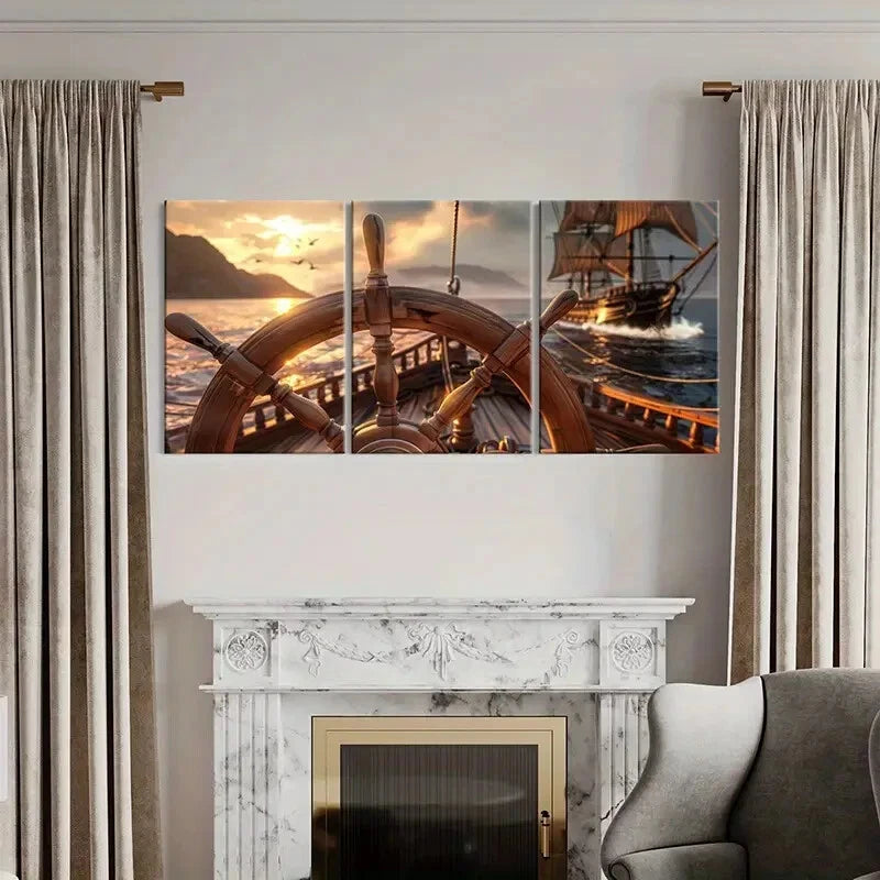 3pcs Rudder Sunset Ship Ocean Birds Art Painting Metal Print Ready to Hang Art - Bella Home Decor