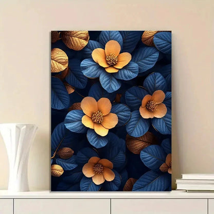 Elegant Blue and Golden Floral Leaves Design 40x60cm Metal Print Ready to Hang - Bella Home Decor