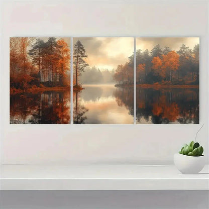 3pcs Autumn Woodland Landscape Nature Art Metal Print Ready to Hang Art - Bella Home Decor