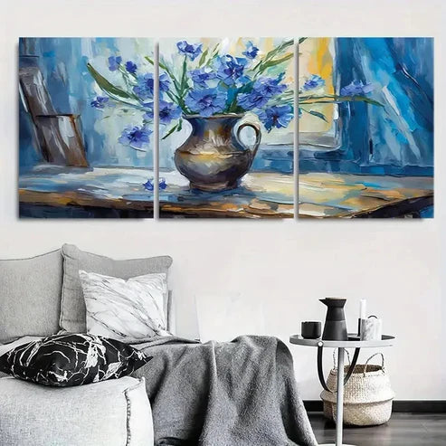 3pcs Elegant Cornflower Blue Floral Vase Wall Art Set Canvas Unframed - High Quality Print 100% Australian Made Wall Canvas