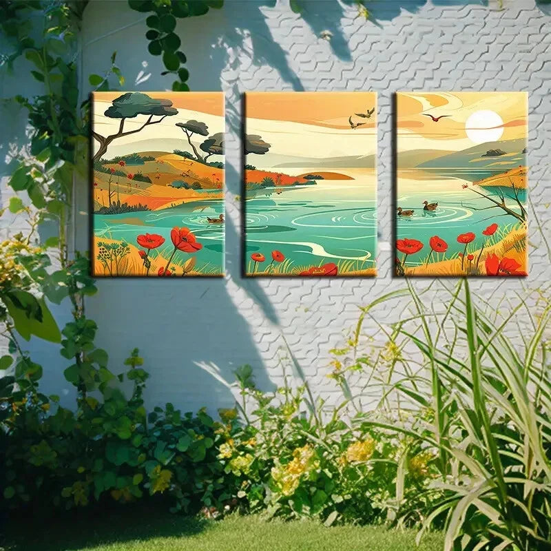 3pcs Vibrant Serene Pond and Ducks Scene Metal Print Ready to Hang Art - Bella Home Decor