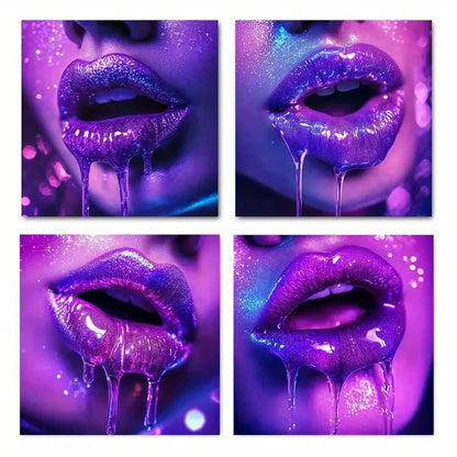 4pcs Vibrant Purple Liquid LipWall Art Canvas Framed