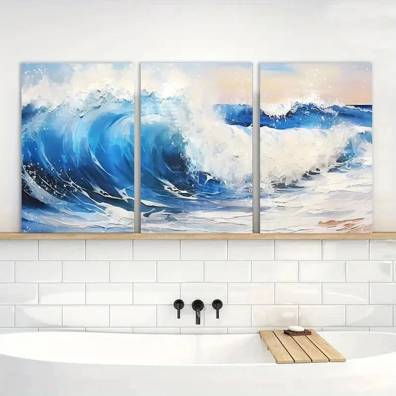 3pcs Ocean Wave Blue Sea Print Metal Print Ready to Hang Art - Bella Home Decor