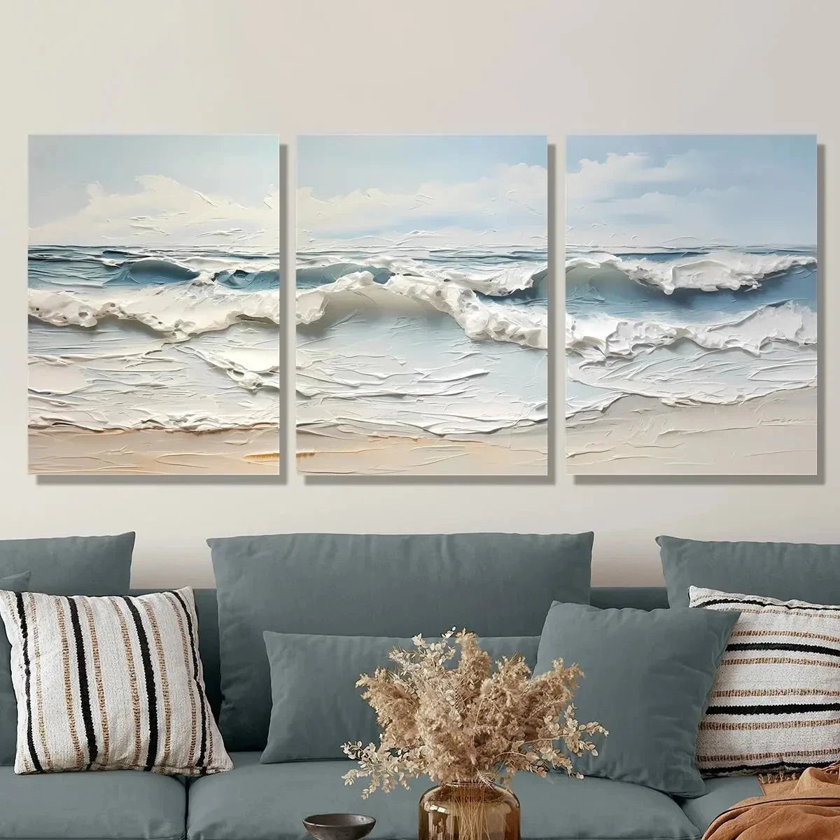 3pcs Sea Waves Beach Blue Sky White Clouds Metal Print Ready to Hang Art